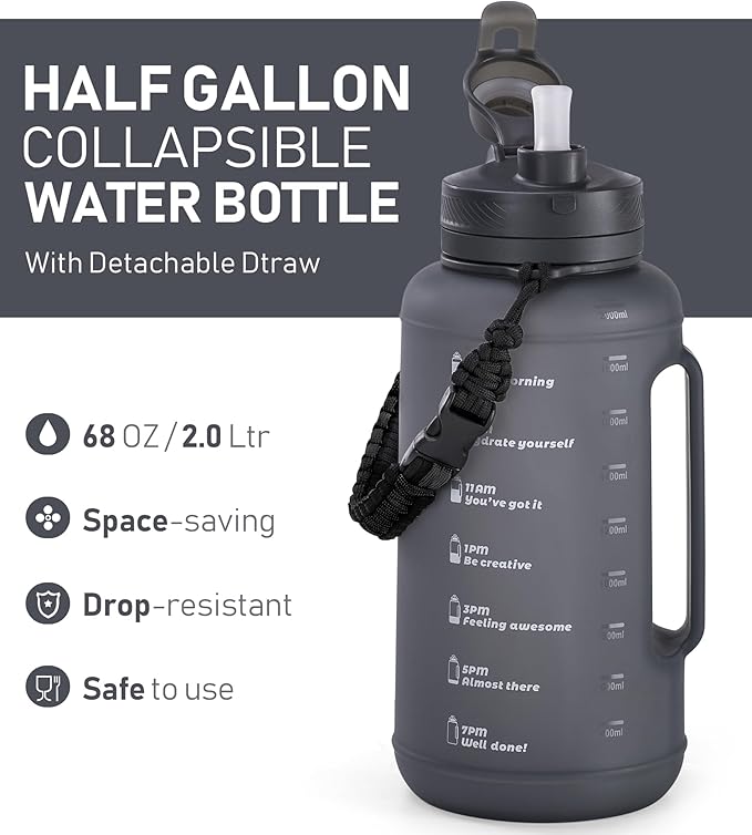 68 oz Collapsible Water Bottles with Straw, Half Gallon Water Bottle with Motivational Time Marker, Large Reusable Silicone Water Jug with Paracord Handle for Sports, Outdoors (Black)