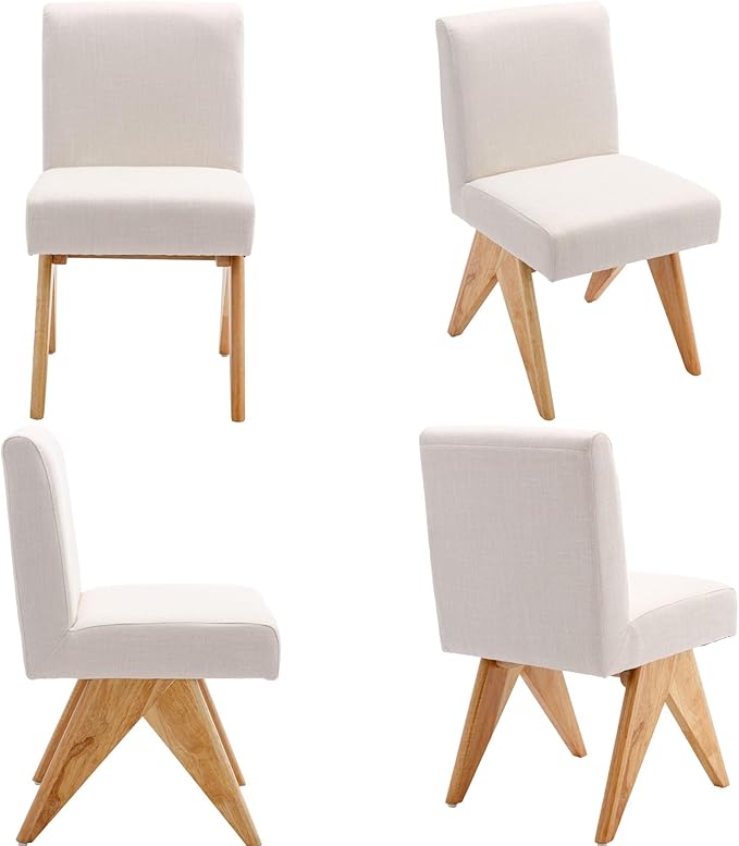 Mid Century Modern Farmhouse Dining Chairs Set of 4, Upholstered Armless Kitchen Chairs with Back and Wooden Legs, Linen Beige