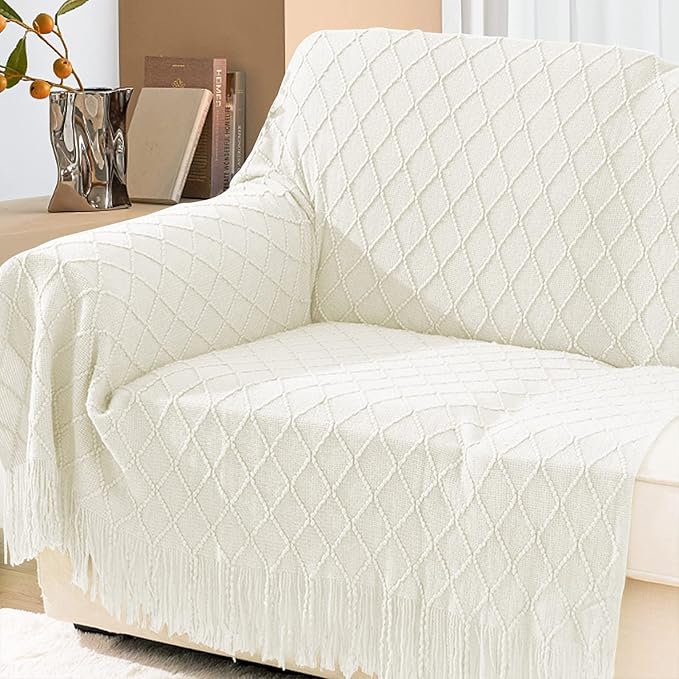 inhand Knitted Throw Blankets for Couch and Bed, Soft Cozy Knit Blanket with Tassel, Off White Lightweight Decorative Blankets and Throws, Farmhouse Warm Woven Blanket for Men and Women, 60"x80"