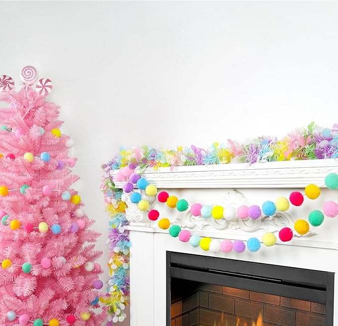 TBD Decor 2pk Pom Pom Garland Easter Decorations 13FT Colorful Large Felt Ball Spring Garland Easter Tree Decorations for Mantle,Indoor Holiday Wedding Birthday Party Supplies