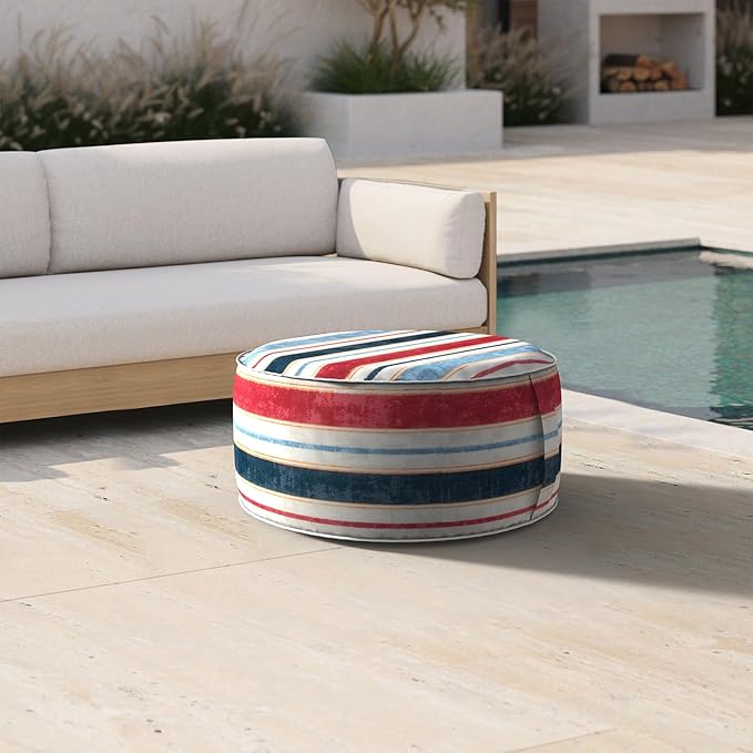 Inflatable Ottoman Stool D21 xH9 for Outdoor/Indoor Use, Water Repellent Patio Foot Rest Stool with Portable Handle,Round Pouf Ottoman Suitable for Garden,Deck and Camping - Stripe Red Blue