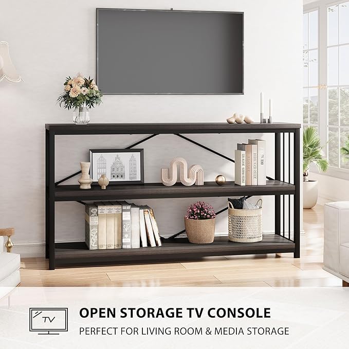 LVB Industrial Console Table, Metal and Wood Sofa Table, Rustic Entryway Table with Storage, Modern 3 Tier Shelf Long Foyer Tables Behind Couch for Home Living Room Hallway, Dark Gray Oak, 55 Inch