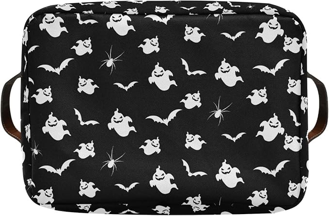 Storage Basket Bin Halloween Ghost and Bat Organizer Basket Collapsible Shelf Basket Cube with handle for Nursery Bedroom Bathroom (white 26)