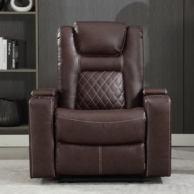 CANMOV Electric Power Recliner Chair with USB Ports and Cup Holders, Breathable Leather Home Theater Seating with Hidden Arm Storage (Red Brown)