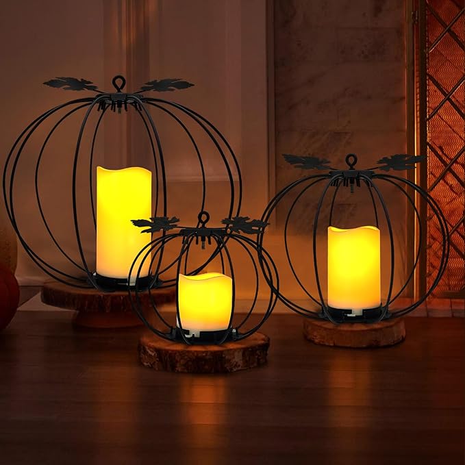 Halloween Metal Pumpkin Candle Holder, 3 Pcs Light up Black Pumpkin Lantern with LED Flickering Yellow Candle Lights Build in Timer for Thanksgiving Halloween Harvest Fall Home Decor