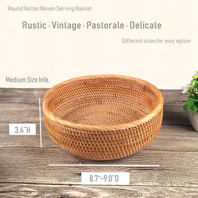 Set of 2 Round Rattan Bowl Baskets, 8 9 Inch Handmade Wicker Basket Tray with 3”Deep Wall, Decorative Woven Brown Bread Basket Fruit Bowl Table Key Holder, 2-Size