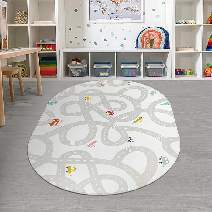 STARUIA Grey Kids Rug for Playroom, 5'x7' Washable Road Rug for Kids Bedroom, Non-Slip Car Rugs for Nursery, Large Traffic Play Mat Utral Soft Baby Carpet for Boys Girls Dorm Toy Room Tent