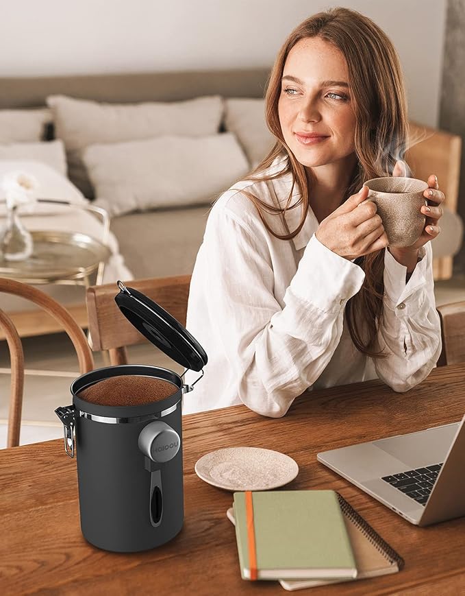 HAIOOU Large Coffee Canister, 38OZ Oversized Stainless Steel Coffee Bean Storage Container with Date Tracker, Measuring Scoop, CO2 Releasing Valves for Beans, Grounds and more - Gray