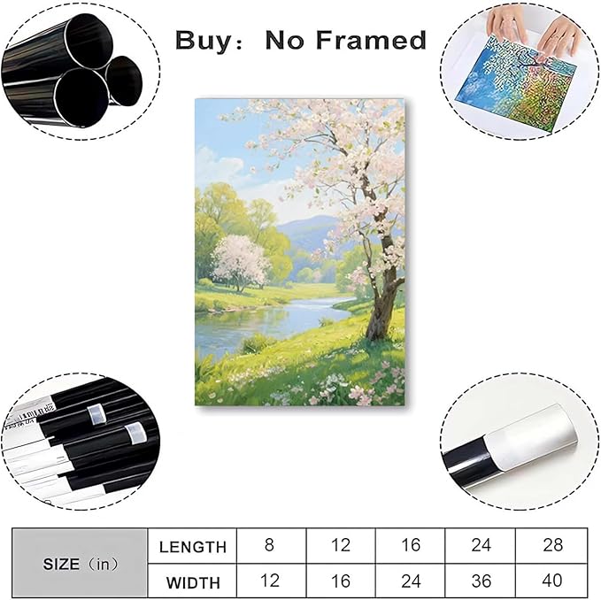 The scenery of a stream between trees and cherry blossoms under the blue sky is suitable for posting in the living room bedroom office landscape posters