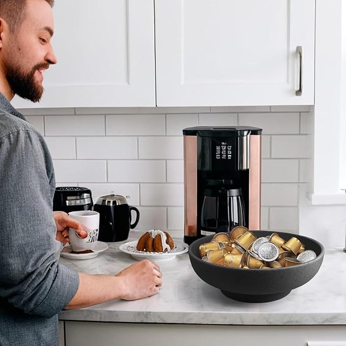 Large Decorative Resin Bowl, Modern Handicraft Bowls for Home Decor, Decorative Fruit Bowl for Kitchen Counter, Stylish Key Bowl for Entry Table, Artificial Stone Black