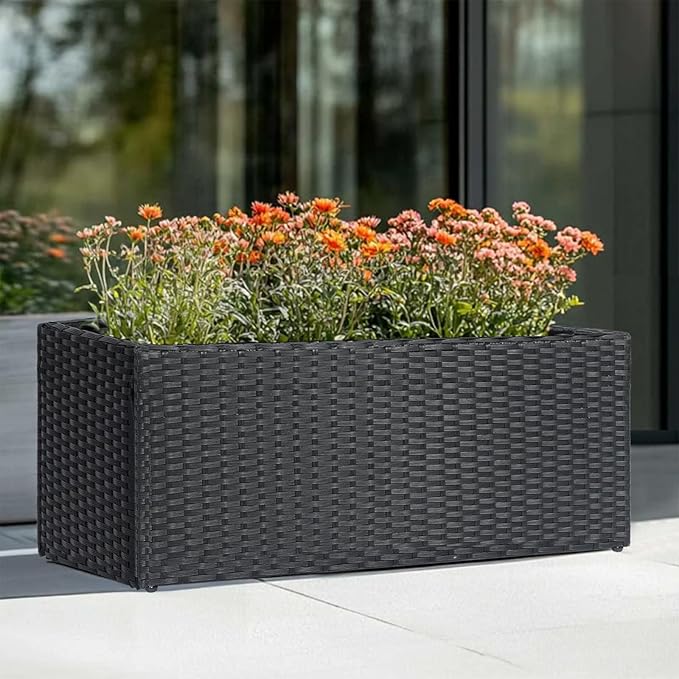 LEWIS&WAYNE Large Rectangular Block Planter Box Handmade Wicker Tall Planters for Outdoor Plants with Removable Liners Modern Planter for Indoor Outdoor Patio Deck - Black, 30''x12''x16''