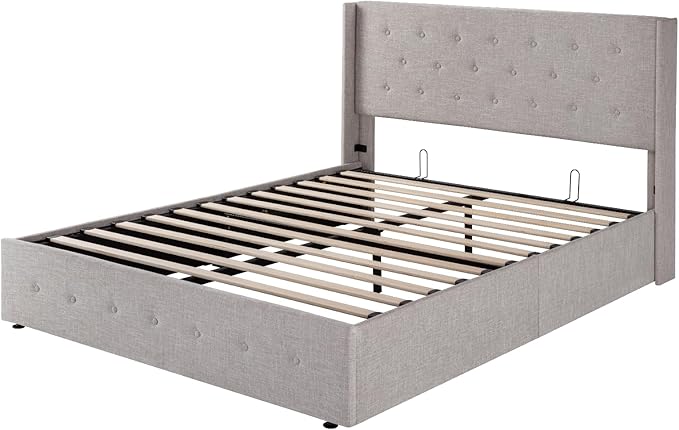 Allewie Queen Size Lift Up Storage Bed, Button Tufted Headboard with Wingback, Hydraulic Support, No Box Spring Needed, Light Beige