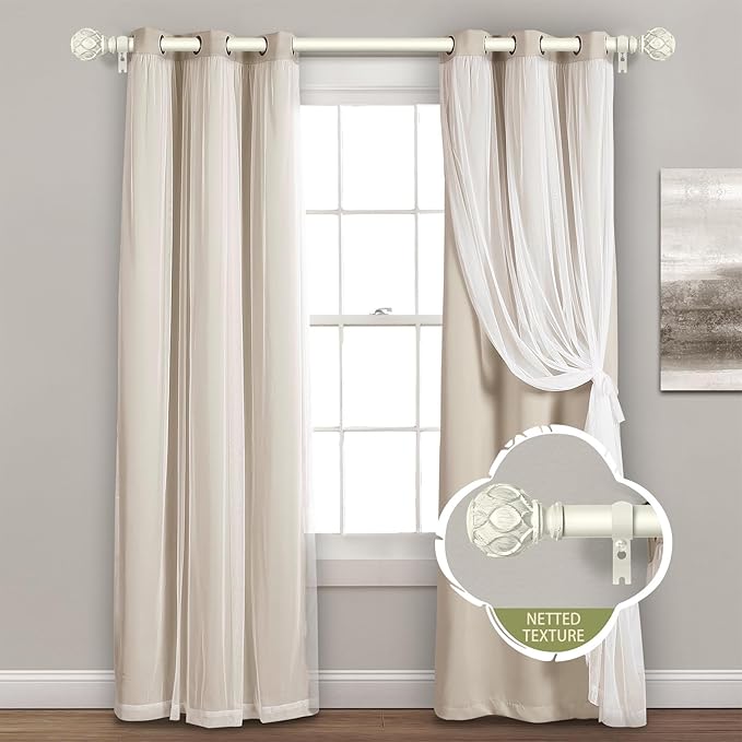 White Farmhouse Curtain Rods for Windows:66-120" Heavy Duty Adjustable Curtain Rod for Bedroom Living Room,Boho Decorative Rustic Drapery Rods with Vintage Coastal Texture Finial,Antique White