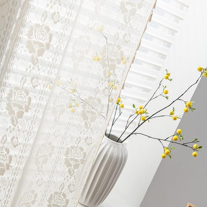 Sutuo Home Beige Boho Curtains for Living Room Bedroom,Bohemian Crochet Florals Embroidery Sheer Lace Handmade Tassels Vintage Rustic Window Treatment Country Drape Rod Pocket 1 Panel 59" W x 96" L