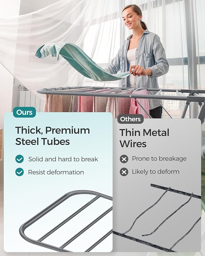SONGMICS Clothes Drying Rack, Foldable 2-Level Laundry Drying Rack, Free-Standing Laundry Airer, with Height-Adjustable Wings, 33 Drying Rails, Sock Clips, Gray ULLR053G02V1