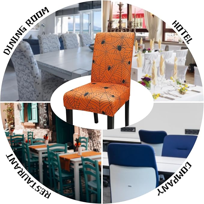 JQinHome Halloween Orange Dining Chair Slipcover, Spider Web Chair Covers Set of 6 ,High Stretch Washable Chair Protector Cover for Dining Room, Kitchen,Home Party,Wedding Ceremony(Orange, 6PC)