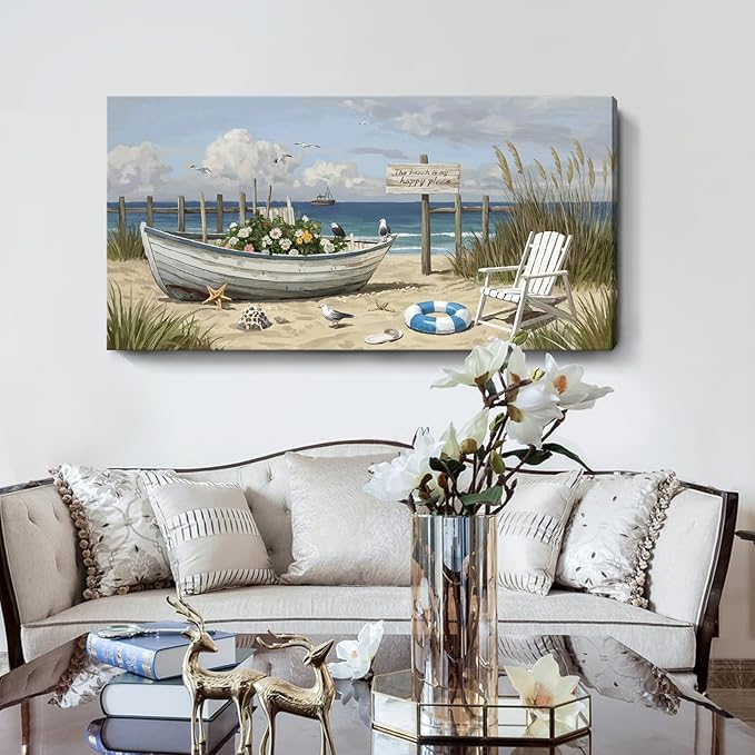 amatop Large Coastal Wall Art Nautical Beach Canvas Art Print Flower-Filled Boat on Sand Ocean Waves Seaside Seascape ArtworkSea Birds Marine Picture Home Decor for Living Room Bedroom Office 48×24 Inch