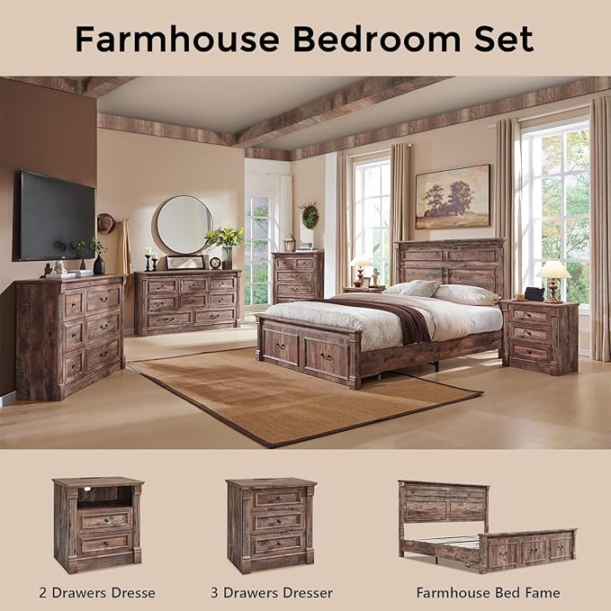 26" Tall Farmhouse Nightstand Set of 2, 3 Drawers End Table w/Charging Station, 23.6" Wide Large Side Table w/Roman Column, Wood Rustic Sofa Table for Bedroom, Light Brown