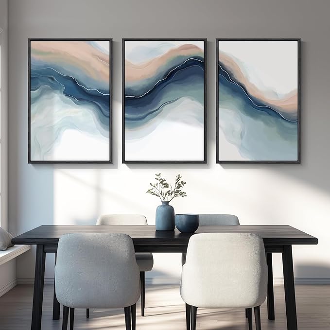 Large Framed Blue Abstract Landscape Wall Art for Living Room, 3 Piece Bright Pastel Canvas Prints Paintings, Modern Minimalist Artwork Watercolor Pictures for Bedroom, Hallway Wall Decor 24x36 In