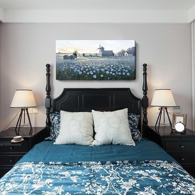 amatop Large Rustic Canvas Wall Art – Farmhouse Blue Rose and Windmill Landscape Picture, Nature Country Floral Sunset Wall Decor for Living Room Bedroom, Countryside Botanical Artwork Print 48x24 Inch