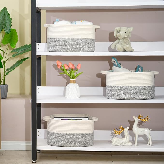 Cotton Rope Woven Storage Basket, Used for Baby Hamper Toy Organizer, Gift Baskets Empty,Kids Laundry Basket,Baby Blanket Basket. Size 15x10x8.7 Inches. (White&Grey-3PCS)