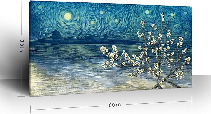 amatop Extra Large Wall Art Floral Tree Canvas Print for Living Room Bedroom Office– Oversized Plum Blossom Lake Landscape Picture Modern Blue Teal Nature Artwork Decor 58x29 Inch