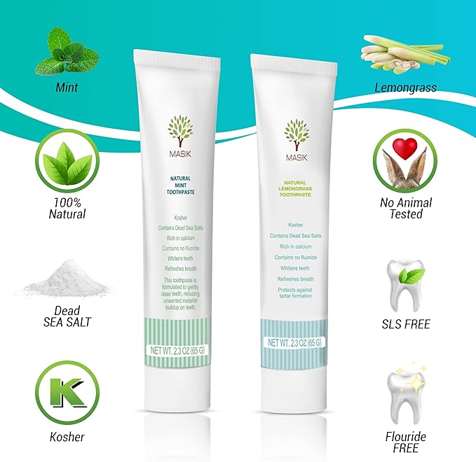 Masik Natural Lemon Grass Toothpaste β Whitening & Sensitive Teeth | Dead Sea Salt | Stain & Plaque Remover | Bleeding Gums & Canker Sore Care | Fluoride & SLS-Free | Non-Foaming | Made in Israel