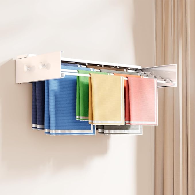 Wall Mounted Drying Rack with 4 Hooks and Shelf, Foldable Clothes Drying Rack for Laundry Room, Collapsible Laundry Rack Wall Mount, for Indoor Outdoor Hanging Clothes, 23.6 Inch