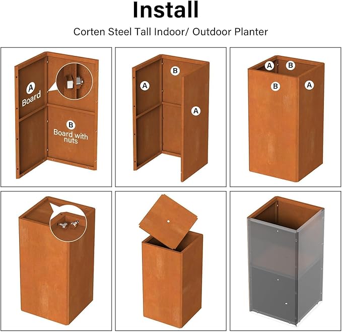 Modern Cor Ten Steel Planter – 28” Tall Planters with Removable Insert Shelf | Heavy-Duty Rust-Resistant Metal Planter Box for Patio, Porch & Garden (14x14x28in)