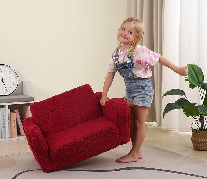 Kids Chairs for Toddler, 2-in-1 Toddler Soft Sherpa Couch Fold Out, Convertible Sofa to Lounger for Girls and Boys, Christmas Decor, Red