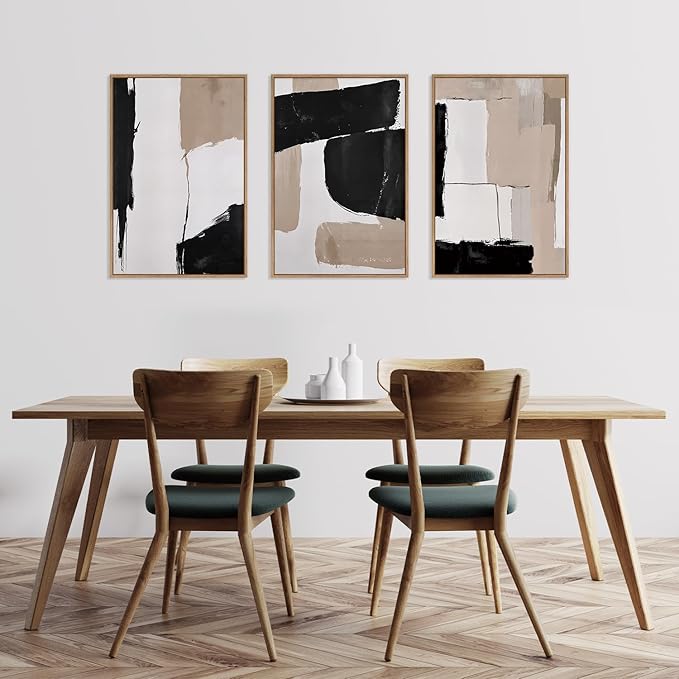 HLNIUC Large Framed Neutral Abstract Canvas Wall Art,Black and White Abstract Wall Decor Set of 3(16”X24”)Modern Minimalist Color Block Art Print,Beige Mid Century Wall Painting for Living Room,Office