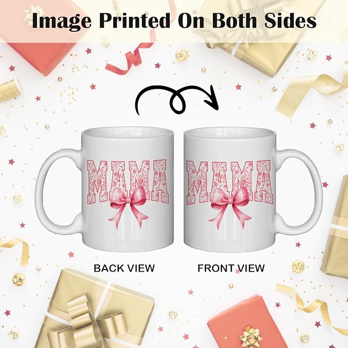 JINYO Coquette Pink Bow Floral Mama Mug, Mama Coffee Cup, Mother's Day Mugs Cups for Mom, Mom Birthday Gifts from Daughter Son, Ceramic Coffee Tea Mug 11 oz