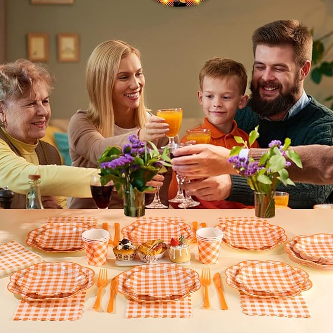 350 Pcs Orange and White Gingham Party Supplies - Orange Gingham Paper Plates and Napkins Sets Serve 50 - Scalloped Checkered Plates for Birthday Picnic Fall Halloween Thanksgivng Party Decorations