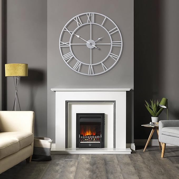 LEIKE 32" Large Modern Wall Clocks,Vintage,Round,Nearly Silent,Little Ticking,Battery Operated,Silver Metal Roman Numerals Clock for Living Room/Bedroom/Kitchen Wall Decor