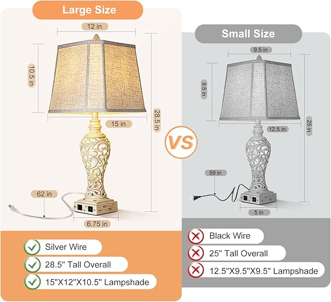 28.5" Table Lamps Set of 2 - Bedside Lamp with Fabric Shades - for Bedroom and Living Room with USB and Nightlight - Perfect for Nightstands and Bedrooms