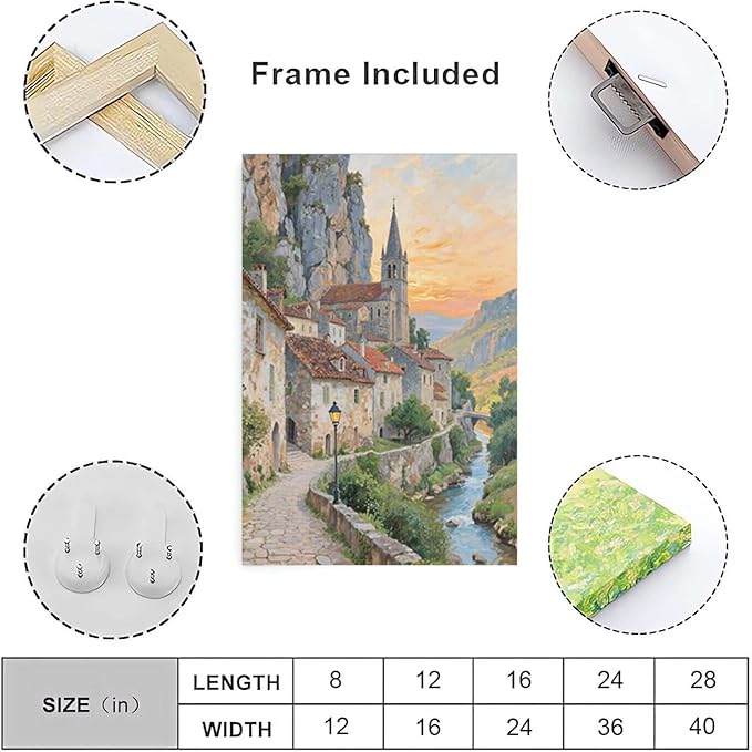 Small town scenery poster on the bank of the mountain stream is suitable for living room bedroom and office natural oil painting poster