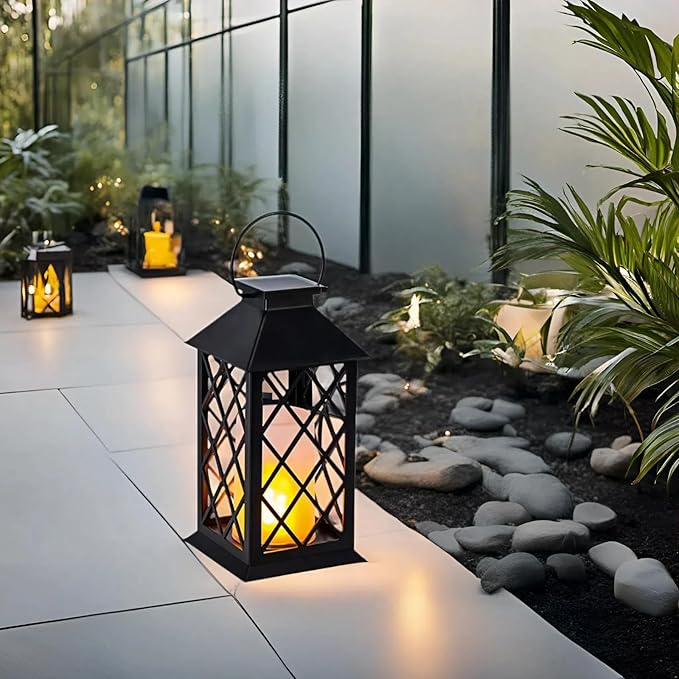 Simplelight 11 Inch Decorative Lanterns-IP44 Waterproof Outdoor Hanging Lantern, Battery Operated Decorative Lantern for Patio, Table, Fireplace with Timer, Black Color (1)