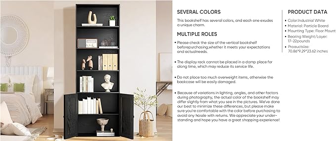 Tall Wooden Bookshelf with Cabinet and Doors – 70.86” Freestanding Tall Bookcase for Heavy Books, Living Room Storage, Home Office Shelf, Bedroom Organization – Vintage Black Wood Book Shelf