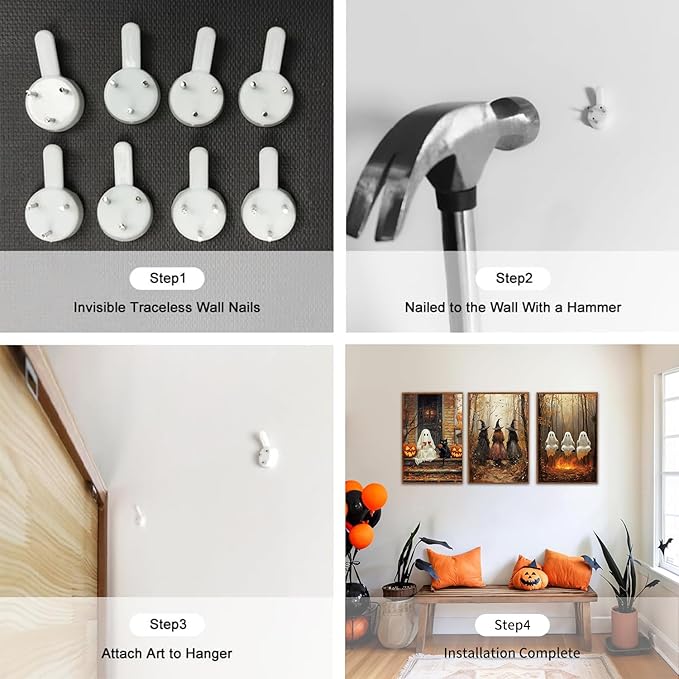 HLNIUC Framed Halloween Canvas Wall Art,Dark Witch Crow Raven Prints,Black Cat Decor,Horror Gothic Ghost Pictures Set of 3 (16"X24") Scary Pumpkin Wall Decor for Party Living Room Bedroom Decoration