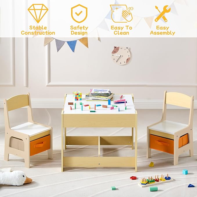 Kids Table and Chair Set, 3 in 1 Wooden Activity Table with Detachable Tabletop, Toddler Table and Chair Set with Storage Drawer, Kids Play Table for Children Art, Craft, Eating, Learning