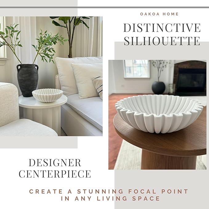 OAKOA Concrete Decorative Bowl - White Large Decorative Bowls for Home Decor - Coffee Table Bowl Decor - Scalloped Ruffle Centerpiece Bowl