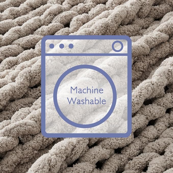 Bigacogo Chunky Knit Throw Blanket for Couch, 40x80 inches, 100% Hand Knitted with Thick Jumbo Chenille Yarn, Cozy Soft Large Rope Knot Cable Crochet Blankets for Sofa Bed Living Room, Taupe