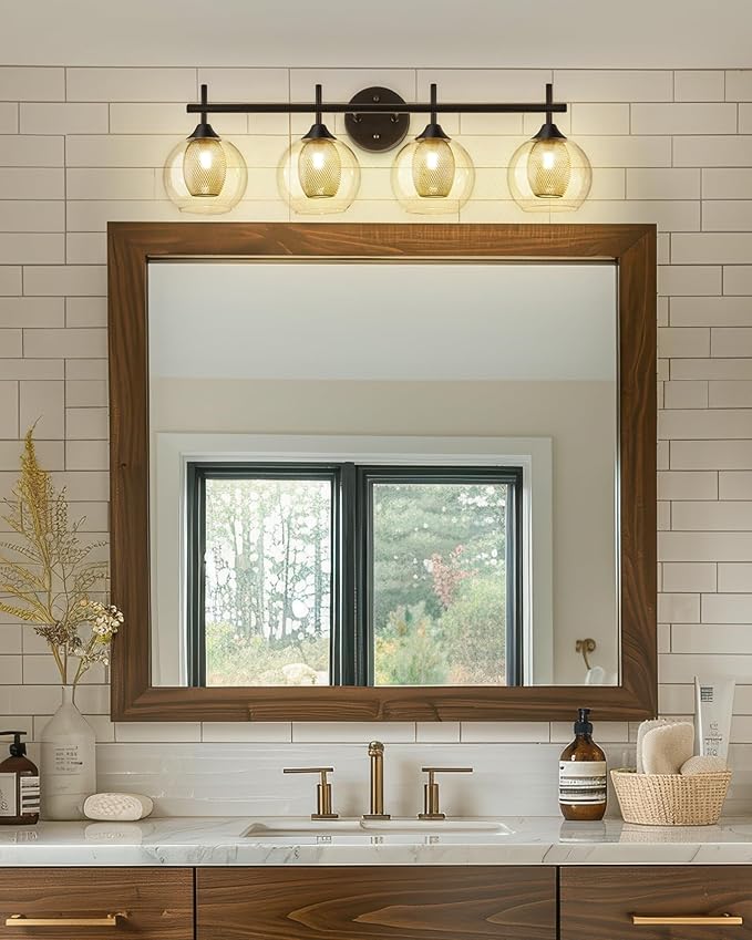 Bathroom Light Fixtures, 4-Light Black and Gold Vanity Lights Over Mirror, 30inch Farmhouse Wall Sconce Lighting with Clear Glass and Honeycomb Metal Shade, AD-22001-4W-BK