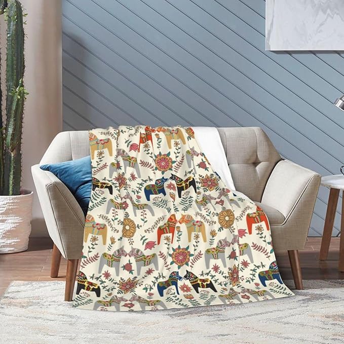 Swedish Dala Horses Throw Blanket Soft Fleece Blanket Men Women Gift for Kids Boys Girls for Party Couch Sofa Bed Deco Blankets 80x60 Inches