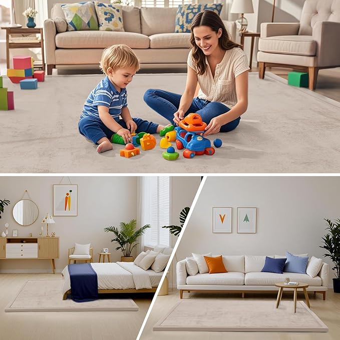 ACOMOPACK Baby Play Mat for Floor,1.3" Thick Memory Foam Area Rug for Living Room,Soft Velvet Crawling with Non-Slip Bottom for Kid,Toddler,79"×157" Tummy Time Nursery Rugs,Yoga(Beige)