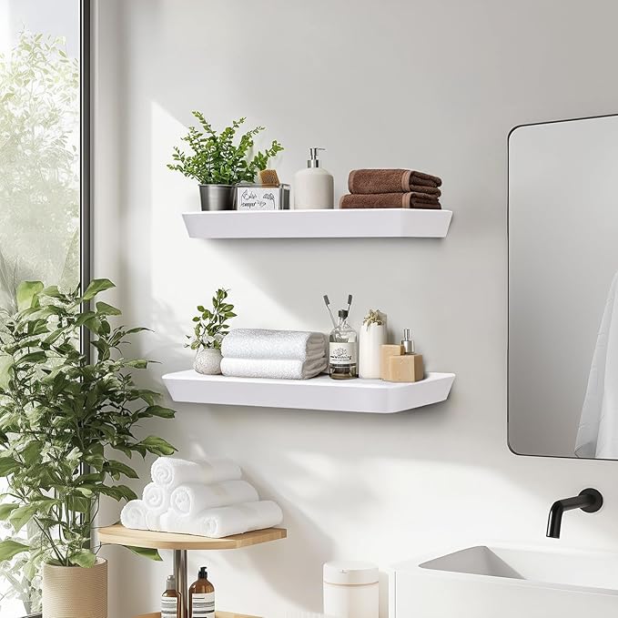 16"x6.8"x1.6" Slanted Floating Wall Shelves 2-Pack - Rustic White Finish, Heavy-Duty Solid Wood Design with Hidden Brackets - Perfect for Living Room, Kitchen, Bathroom, or Office