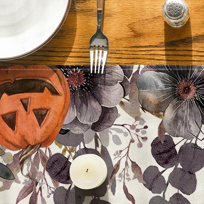 Artoid Mode Jack-O'-Lantern Pumpkin Floral Ghost Halloween Table Runner, Eucalyptus Kitchen Dining Table Decoration for Home Party Decor 13x36 Inch