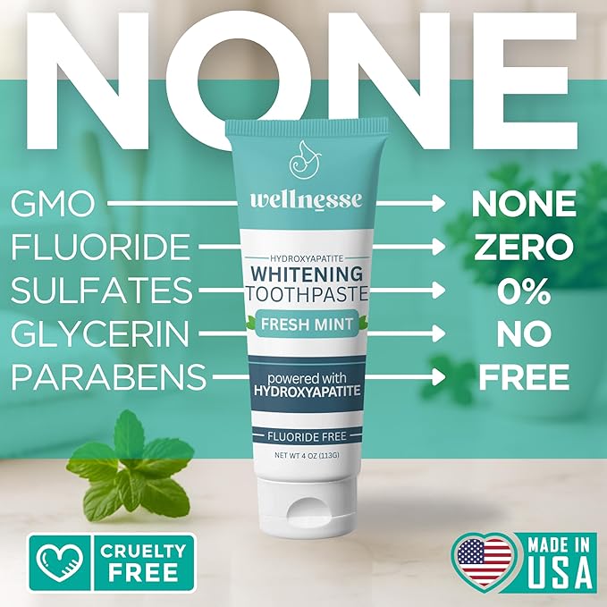 Wellnesse Whitening Hydroxyapatite Toothpaste with Xylitol, Natural Fluoride-Free Teeth Whitening Toothpaste for Adults, Strengthens Enamel, Supports Gum Health, Fresh Mint Flavor, 4 oz (Pack of 3)