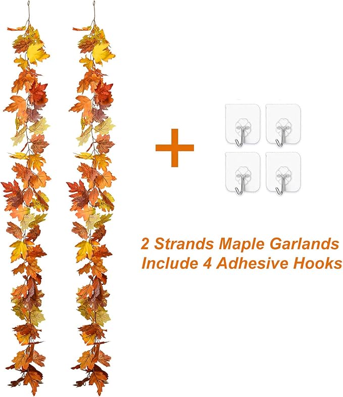 Lvydec 2 Pack Maple Leaves Fall Garland Clearance - 5.9ft/Strand Artificial Fall Foliage Garland Colorful Autumn Leaves Decoration for Home Wedding Party Halloween Thanksgiving