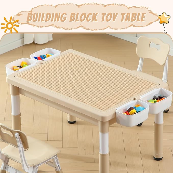 Multi Functional Kids Table and 2 Chairs Set, Graffiti & Building Blocks Double-Sided Tabletop, Toddler Play Table with Drawers, Large Storage Space, Gift for Boys/Girls, Burlywood